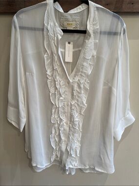 Mauve Medium White Ruffle-Front Semi-Sheer Blouse NWT